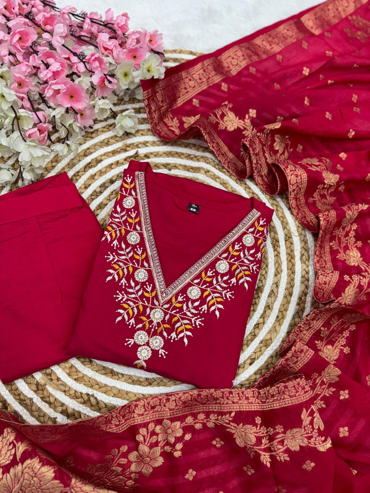 Red Viscose Chanderi Anarkali Salwar Kameez Set with Embroidered Work