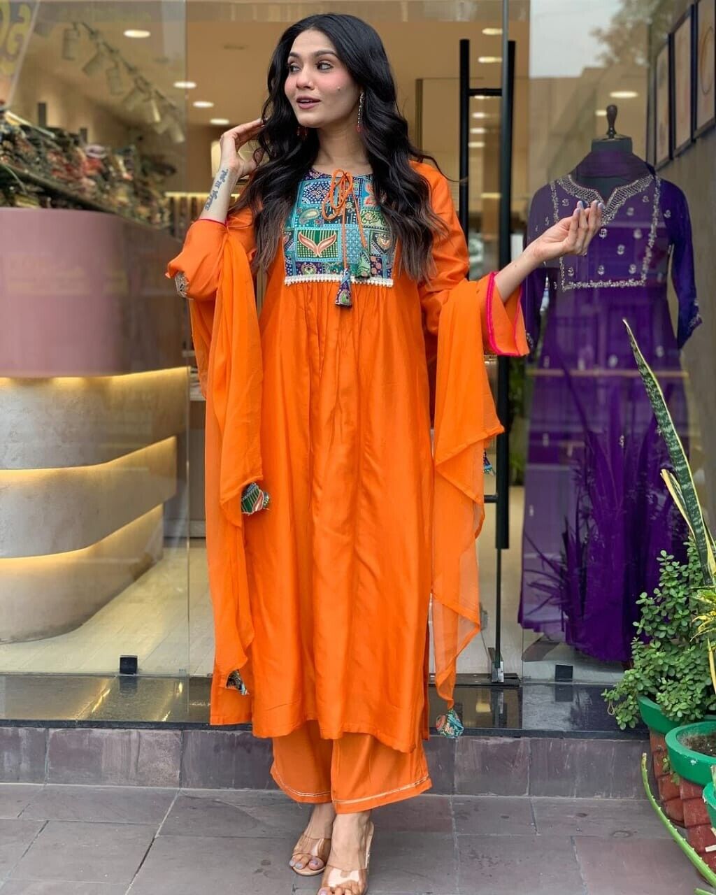 Women's Orange Anarkali Suit – Flared Gown Style, Stitched & Ready to Wear