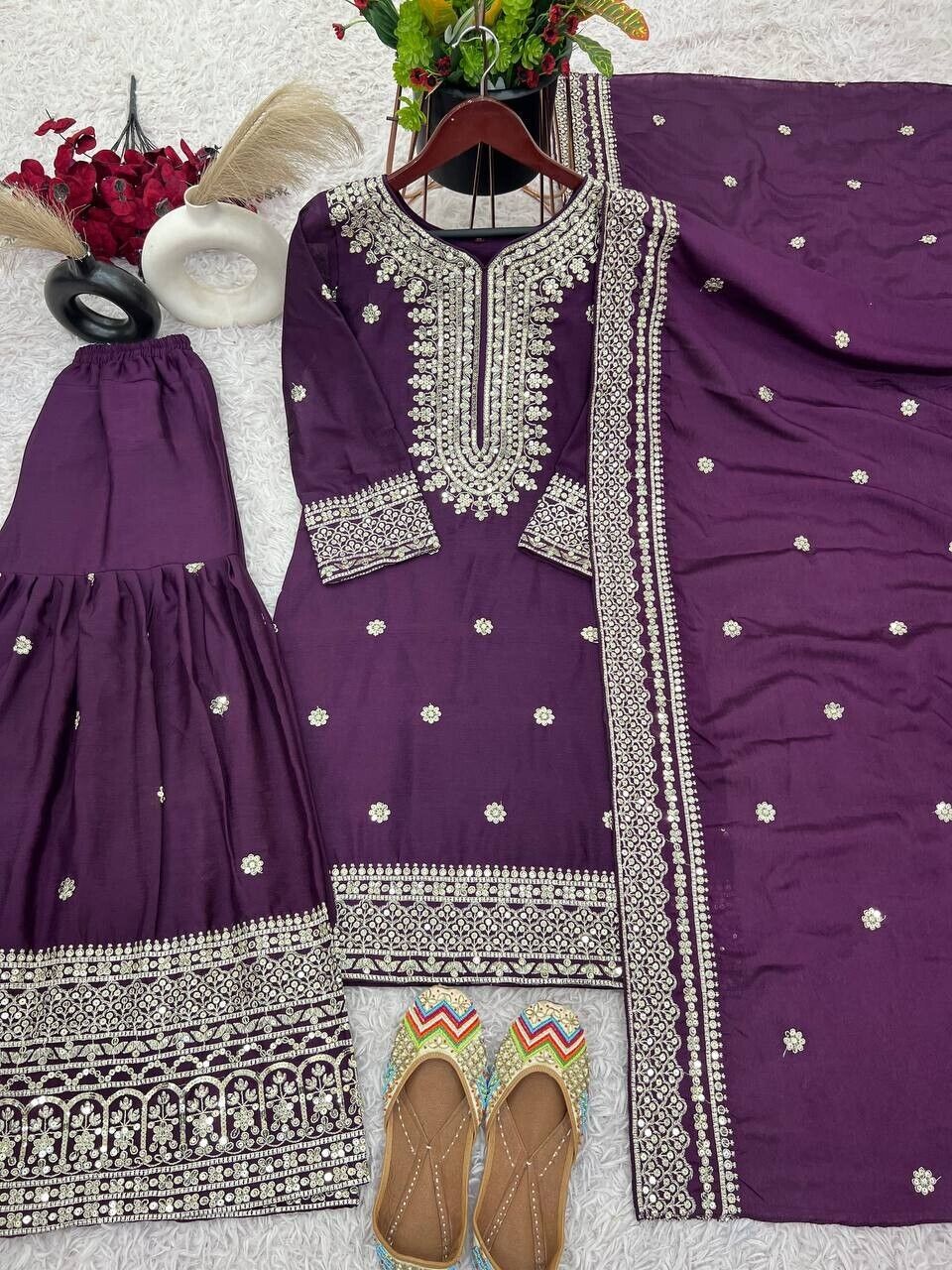 Chinnon Silk Punjabi Sharara Palazzo Salwar Kameez Set with Lace Border Dupatta