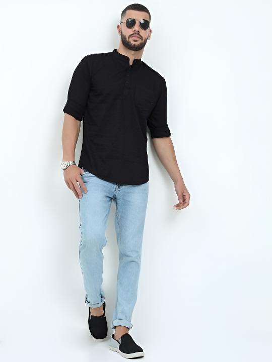 Pakistani Pure Cotton Short Kurta Tunic shirt  Men’s  Solid Black Plus Size S-7X