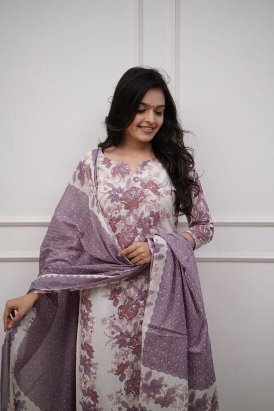 3 pcs Pure Cotton Women Salwar Kameez Suit Indian Fabric Kurti Pant Dupatta