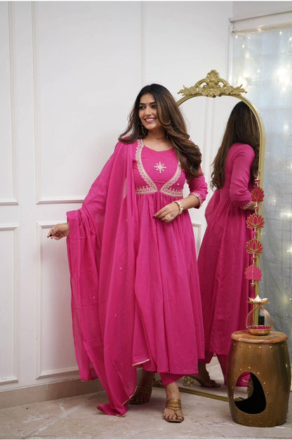 Cotton Embroidered Flared Anarkali Gown Suit Readymade Kurti Long Kurta Women
