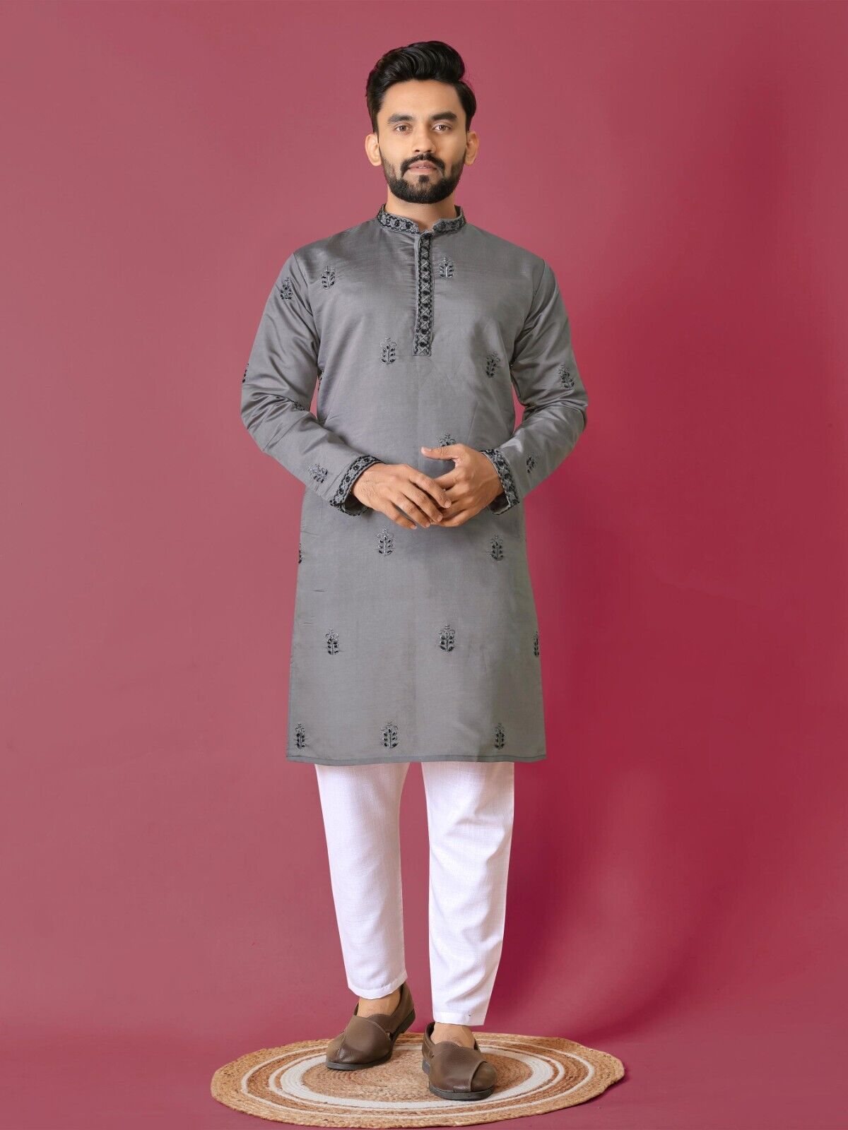 Men's Wedding Kurta with Embroidery & Long Cotton Pajama - Silk Bandhani
