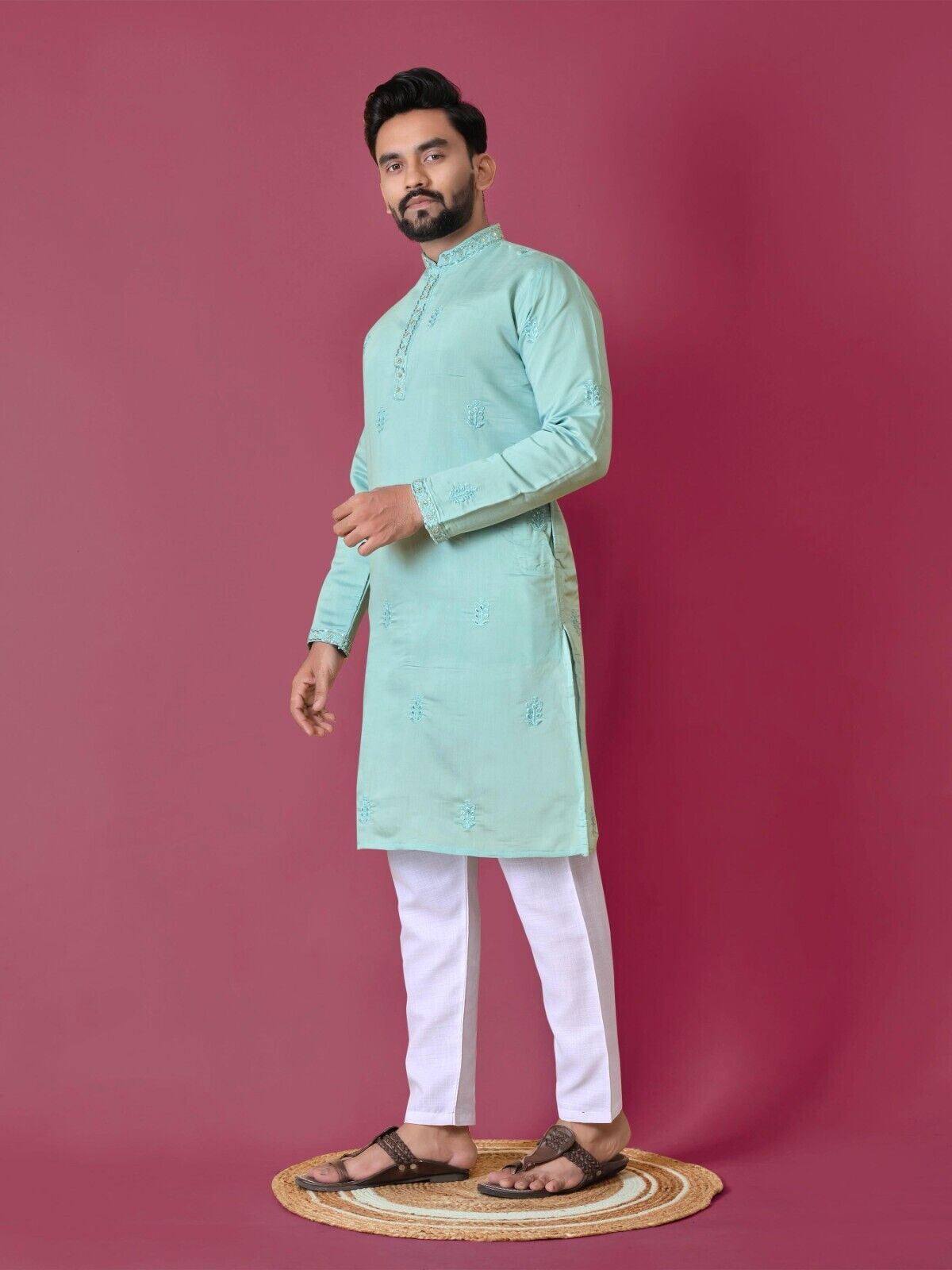 Men's Wedding Kurta with Embroidery & Long Cotton Pajama - Silk Bandhani