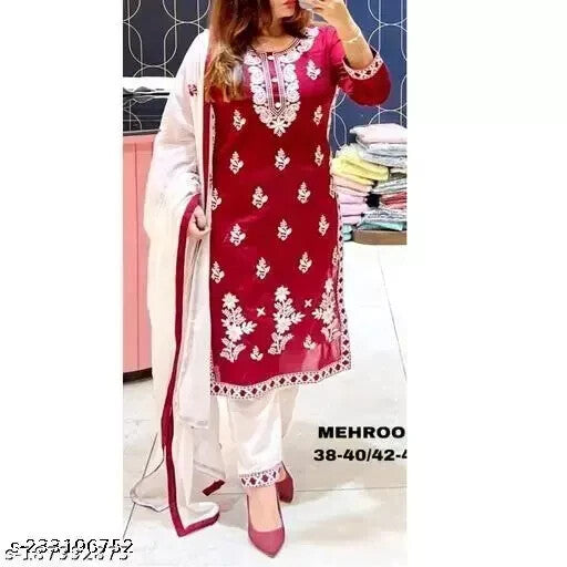 Embroided Cotton Straight kurta Salwar Kameez Suit Set Fabric pant duppatta