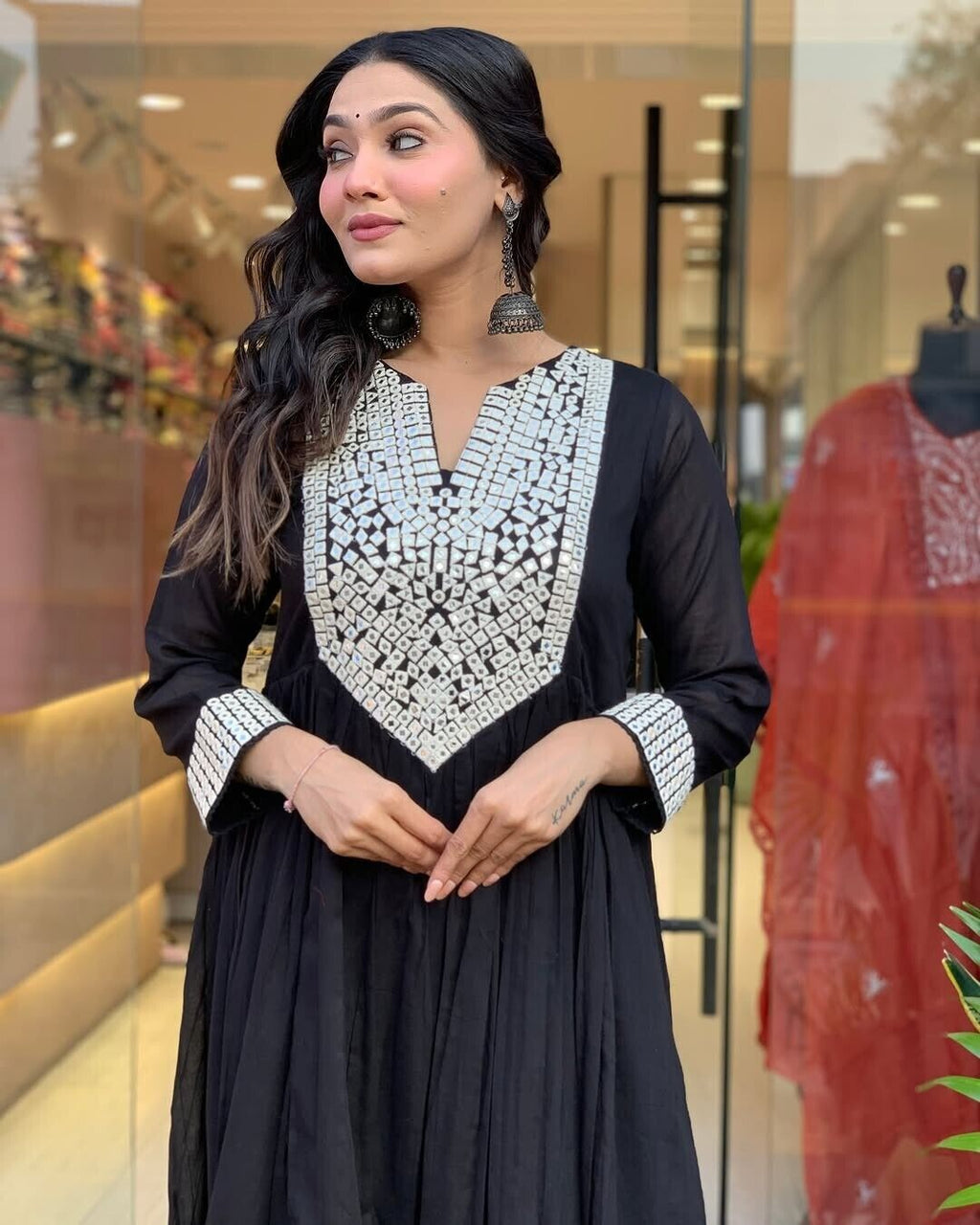 Designer  embroidered A-line suit Set  long suit salwar Indian Fabric Cotton 60