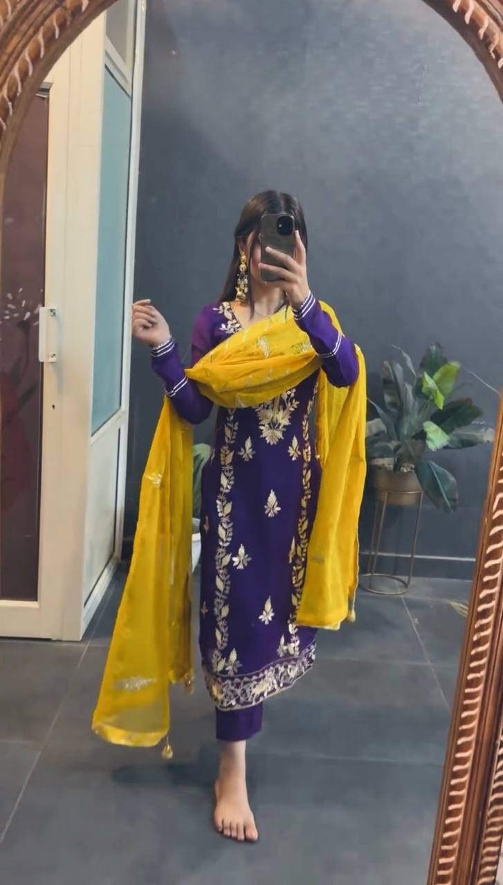 Chinnon Silk  Salwar Kameez Pakistani Dress Ready To Wear Suits Indian Embroided