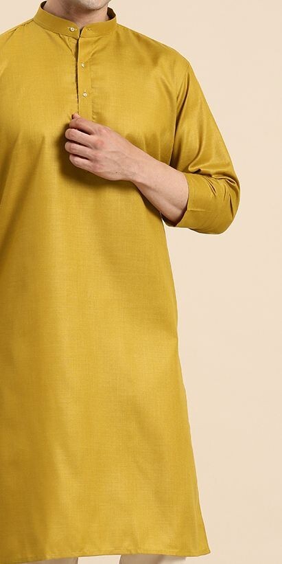 Indian Party Wear Pure Cotton Men’s long  Shirt Kurta Pajama Kurta Mustard Y