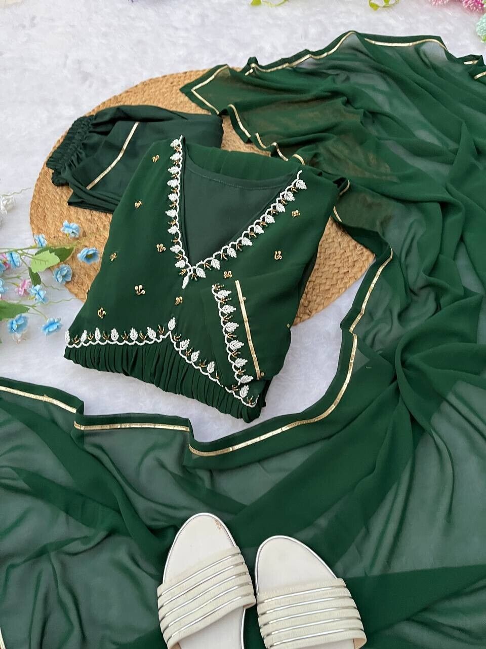 Solid Green Mehendi Outfit Women Indian Pakistani Anarkali Gown Set Georgette