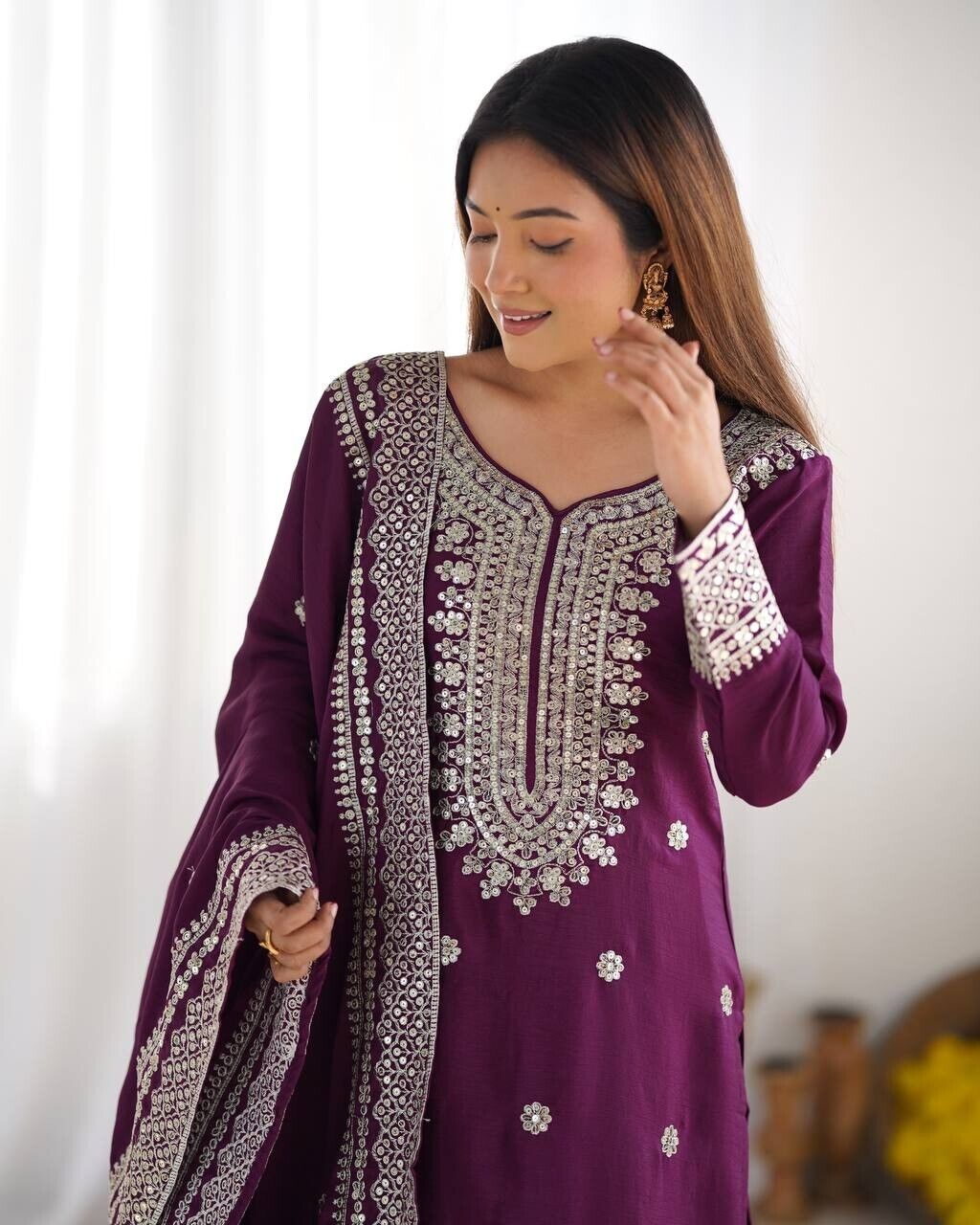 Chinnon Silk Punjabi Sharara Palazzo Salwar Kameez Set with Lace Border Dupatta