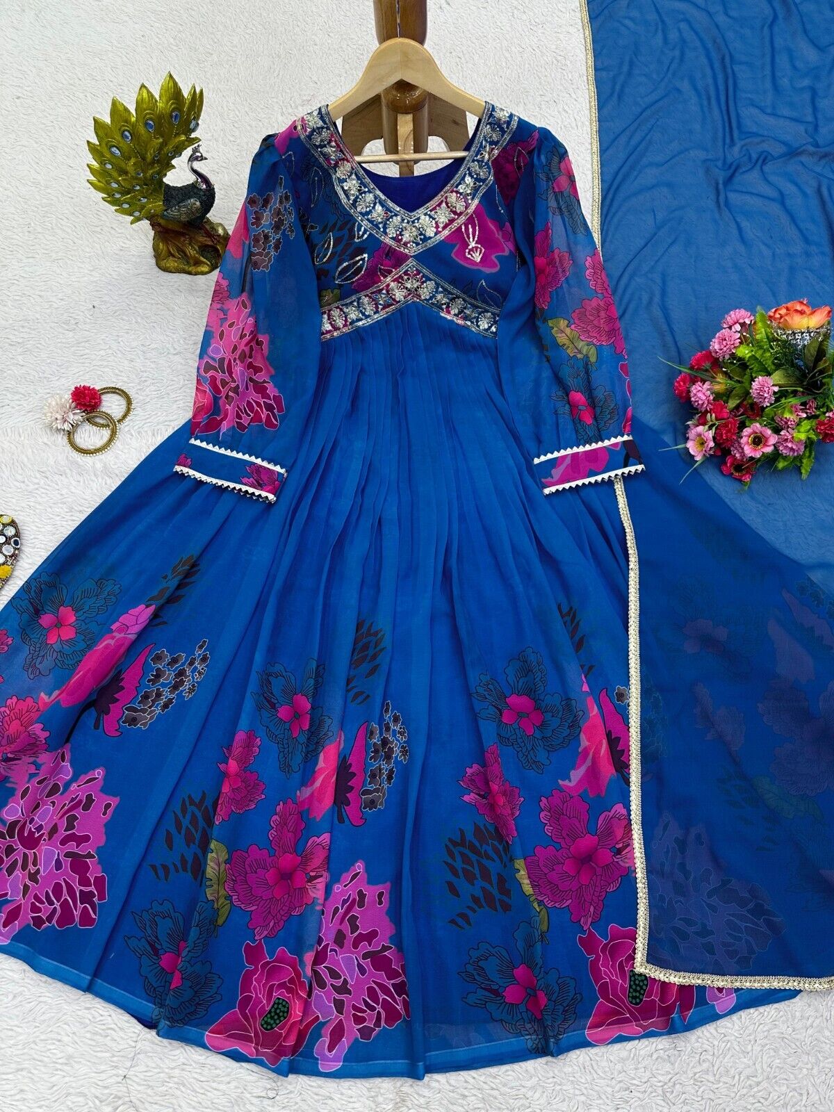 Designer Floral Faux Georgette Anarkali gown Flared Sleeves  Ready-to-Wear