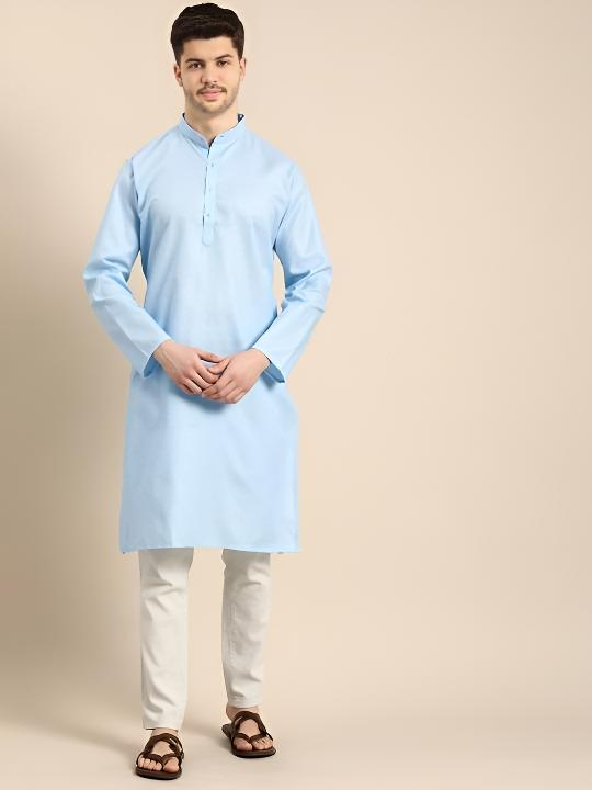 Party Wear Long  Cotton Pakistani Men’s  Shirt Kurta Pajama Pooja Kurta Sky Blue