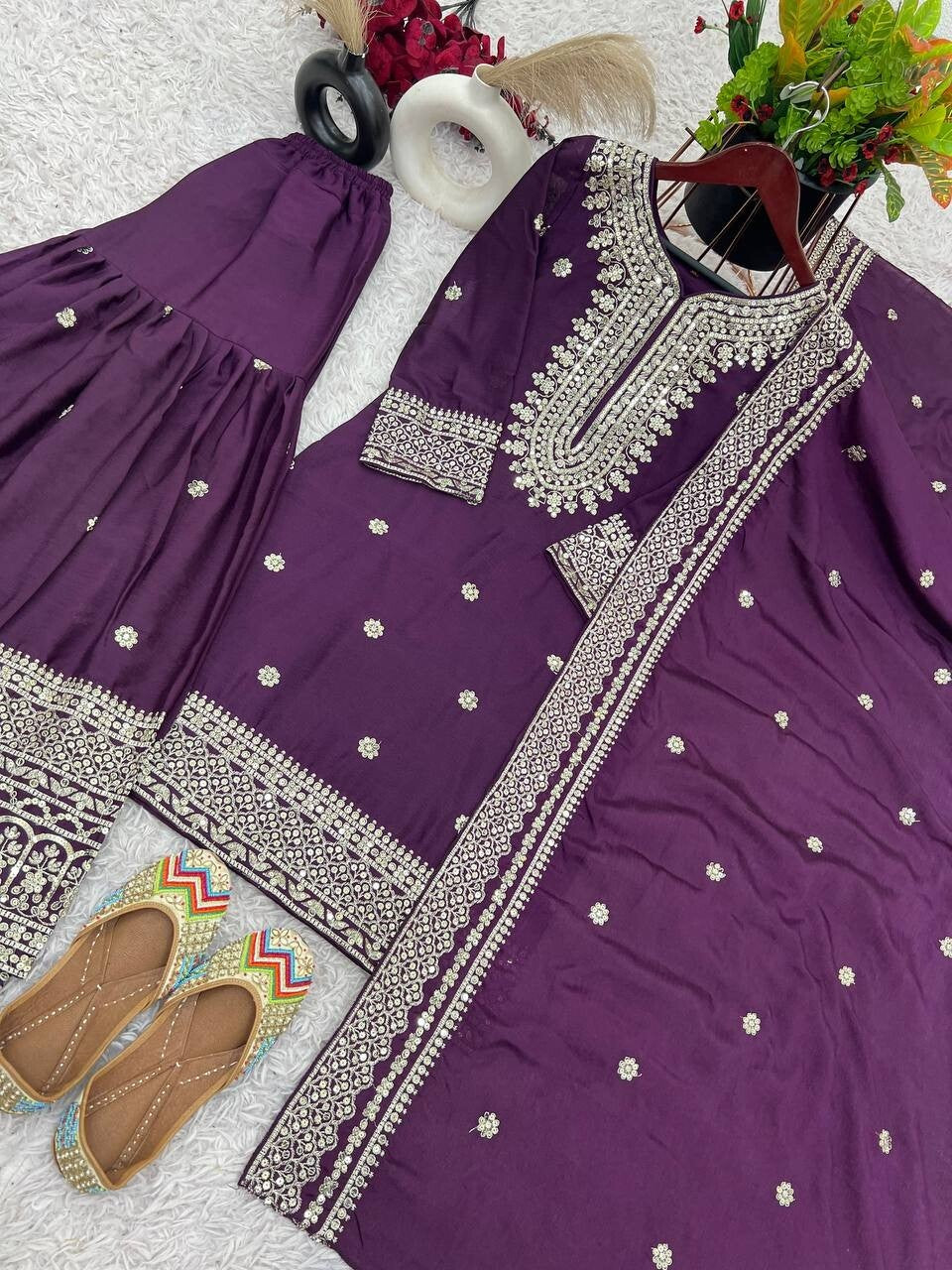 Chinnon Silk Punjabi Sharara Palazzo Salwar Kameez Set with Lace Border Dupatta