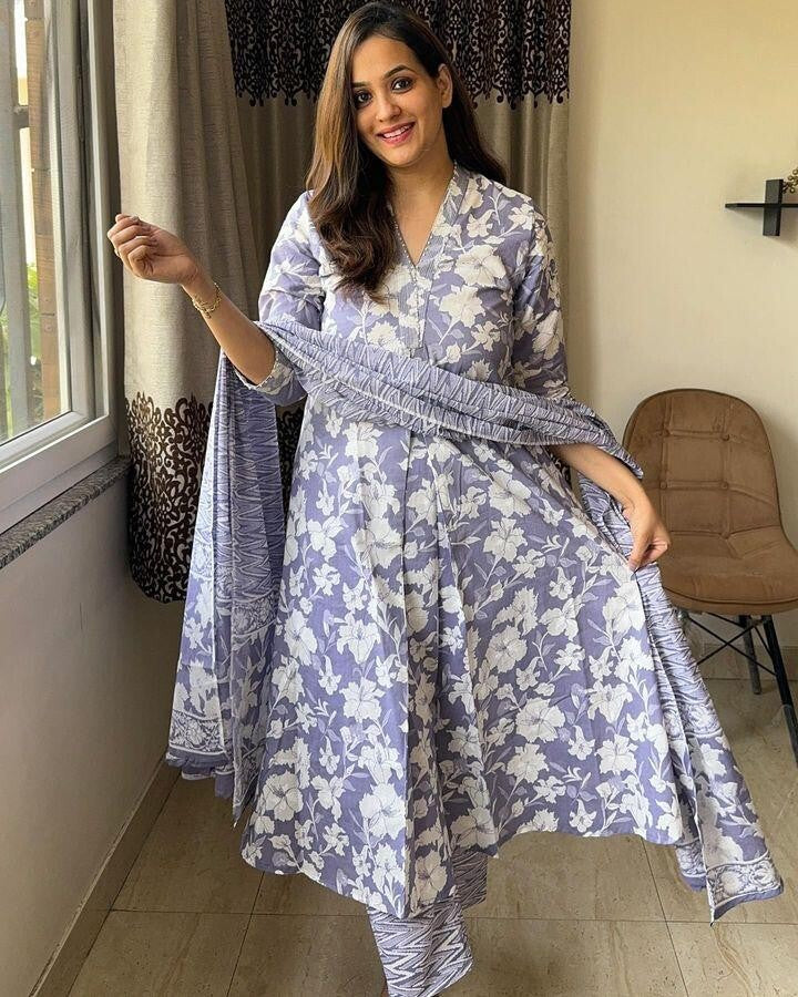 Floral Wedding Anarkali suit  Women, Readymade pant Kurta, suit 3Pc Set Cotton