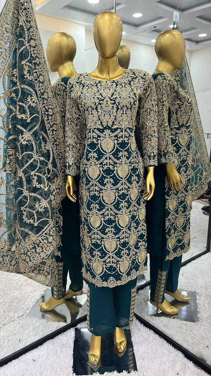 Anarkali Gown Georgette Indian Wedding Party Wear Dress Bollywood Suit Pant 3PC