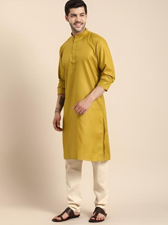Indian Party Wear Pure Cotton Men’s long  Shirt Kurta Pajama Kurta Mustard Y