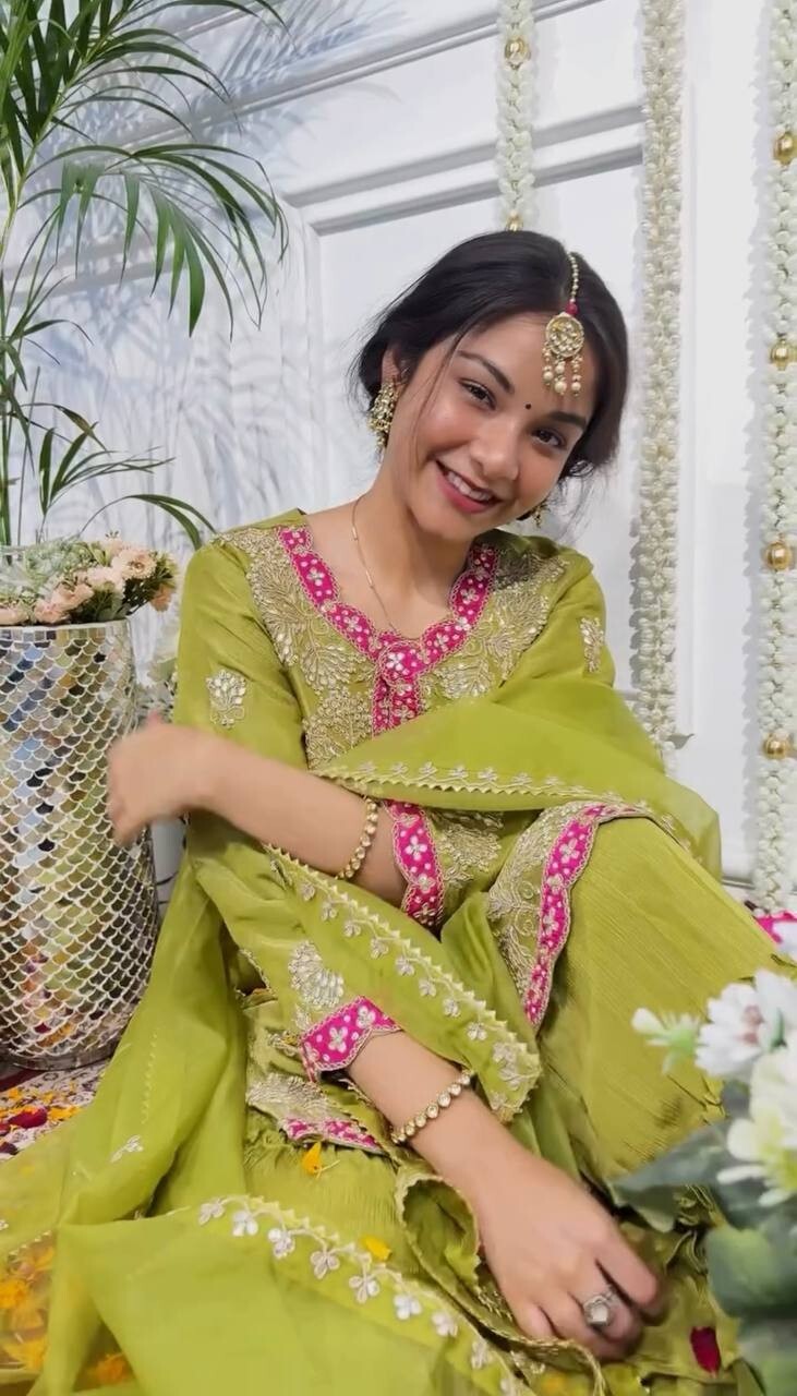 Indian Bollywood Wedding Designer Green Sharara Suit with Heavy Embroidery