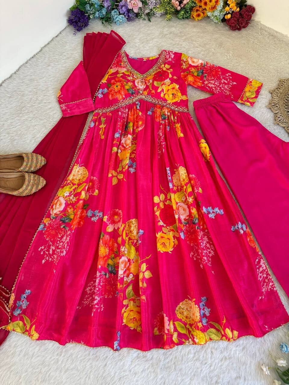 Chinon silk Indian Floral Anarkali Full length flared Gown Set – Readymade