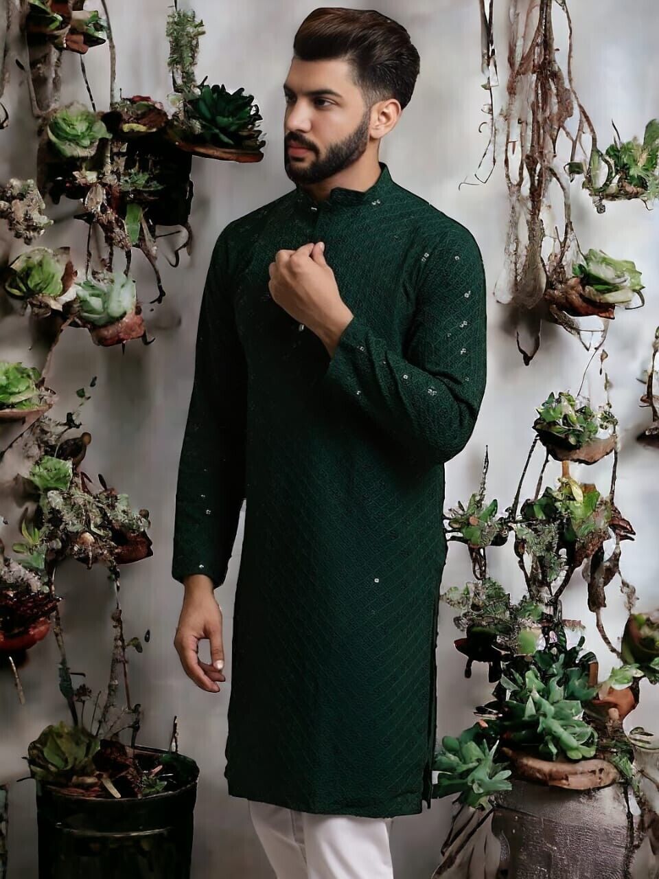 Party Wear Green Embroidered Pure Cotton Long Shirt Kurta Pajama Pooja Kurta