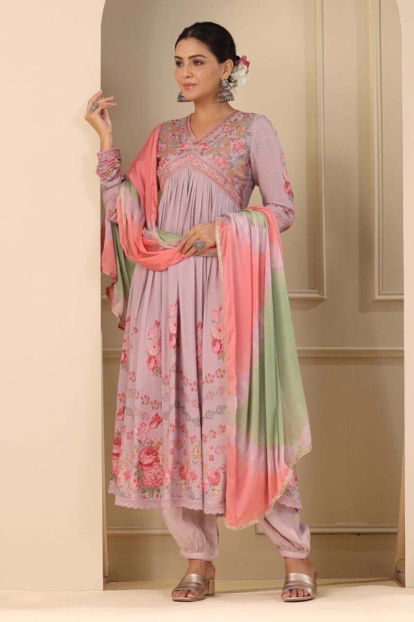 Women's Muslin Silk Alia Cut Salwar kameez Embroidery Digital Shine Print