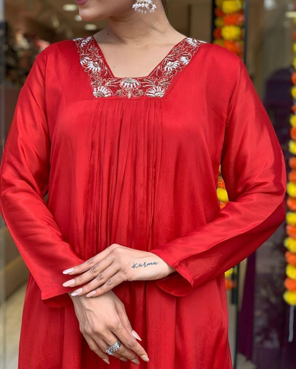 Women’s Red Cotton Anarkali Gown Suit – Bollywood Wear, Pakistani Designer Style