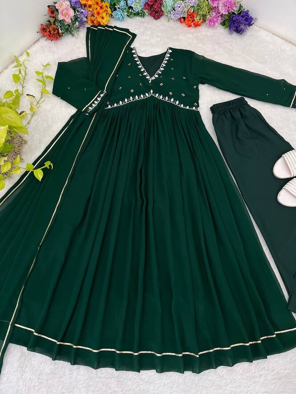 Solid Green Mehendi Outfit Women Indian Pakistani Anarkali Gown Set Georgette