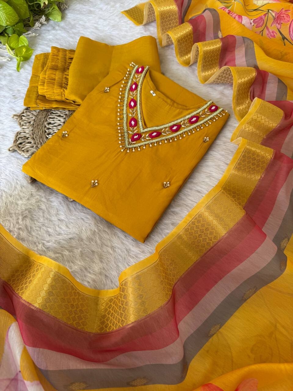 Roman Silk Kurti Pant Dupatta Set – Handwork Detailing Salwar kameez Jacquard