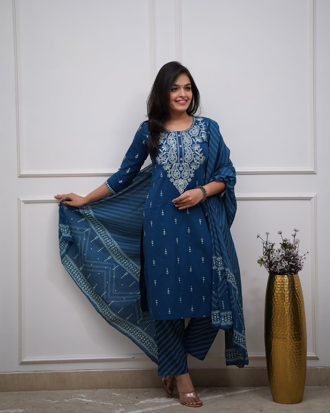 Embroided Floral Printed kurta  Salwar Kameez Suit Set Indian Fabric Cotton 60