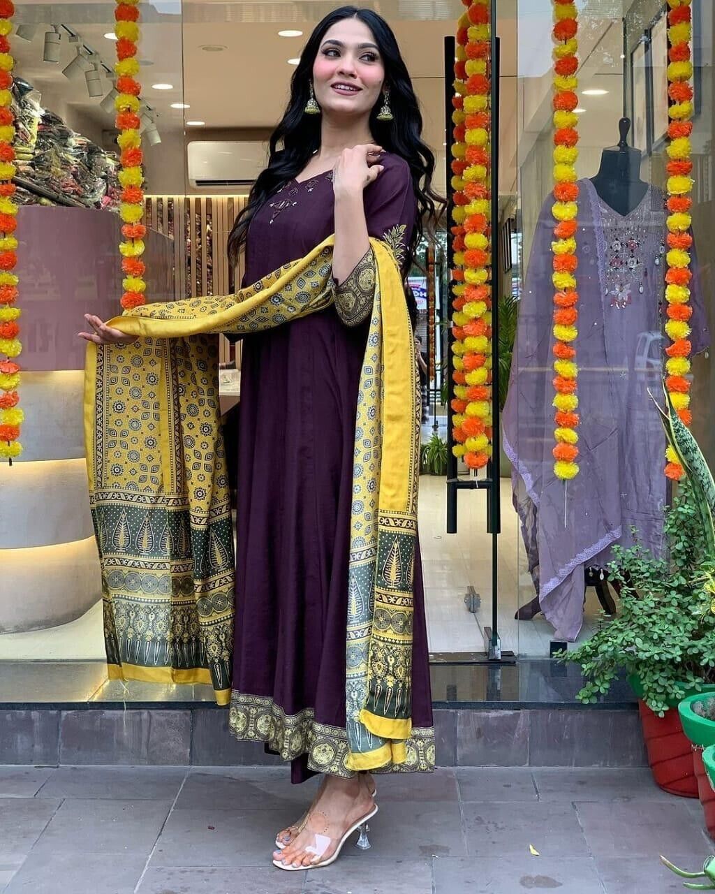 New Purple Cotton Anarkali Flared Suit Gown – Bollywood Indian Pakistani Wear