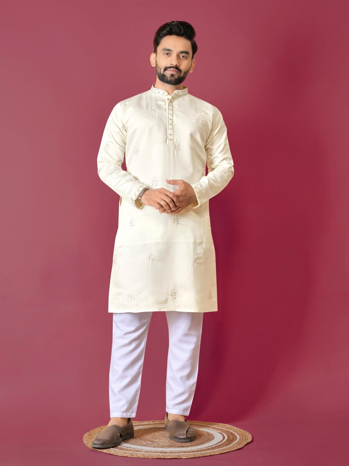 Men's Wedding Kurta with Embroidery & Long Cotton Pajama - Silk Bandhani