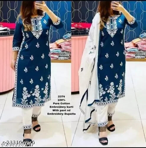Embroided Cotton Straight kurta Salwar Kameez Suit Set Fabric pant duppatta