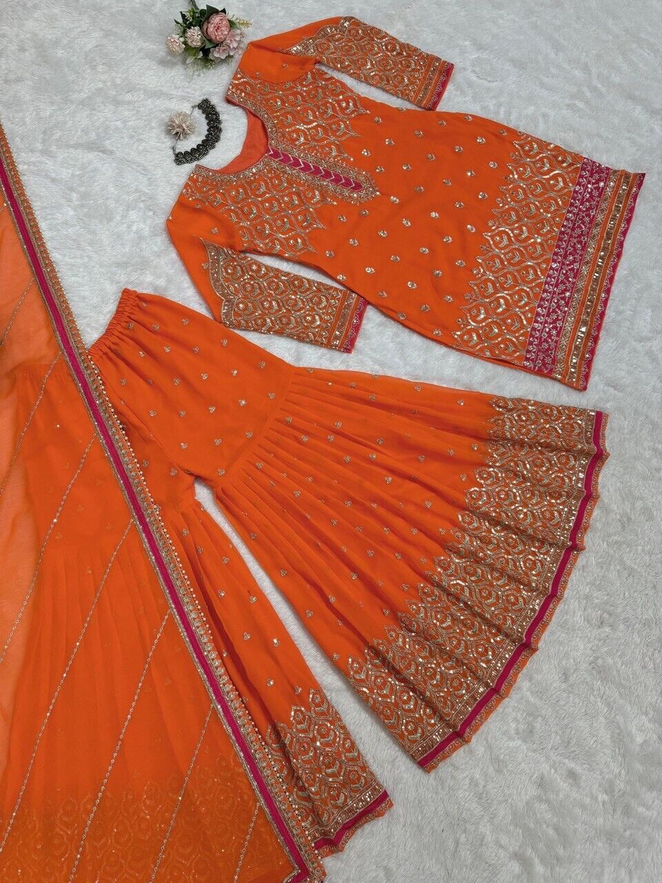 Faux Georgette Embroidered Zari Work  Sharara Suit Set with Embroidered Dupatta