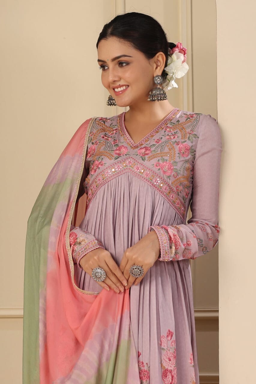 Women's Muslin Silk Alia Cut Salwar kameez Embroidery Digital Shine Print