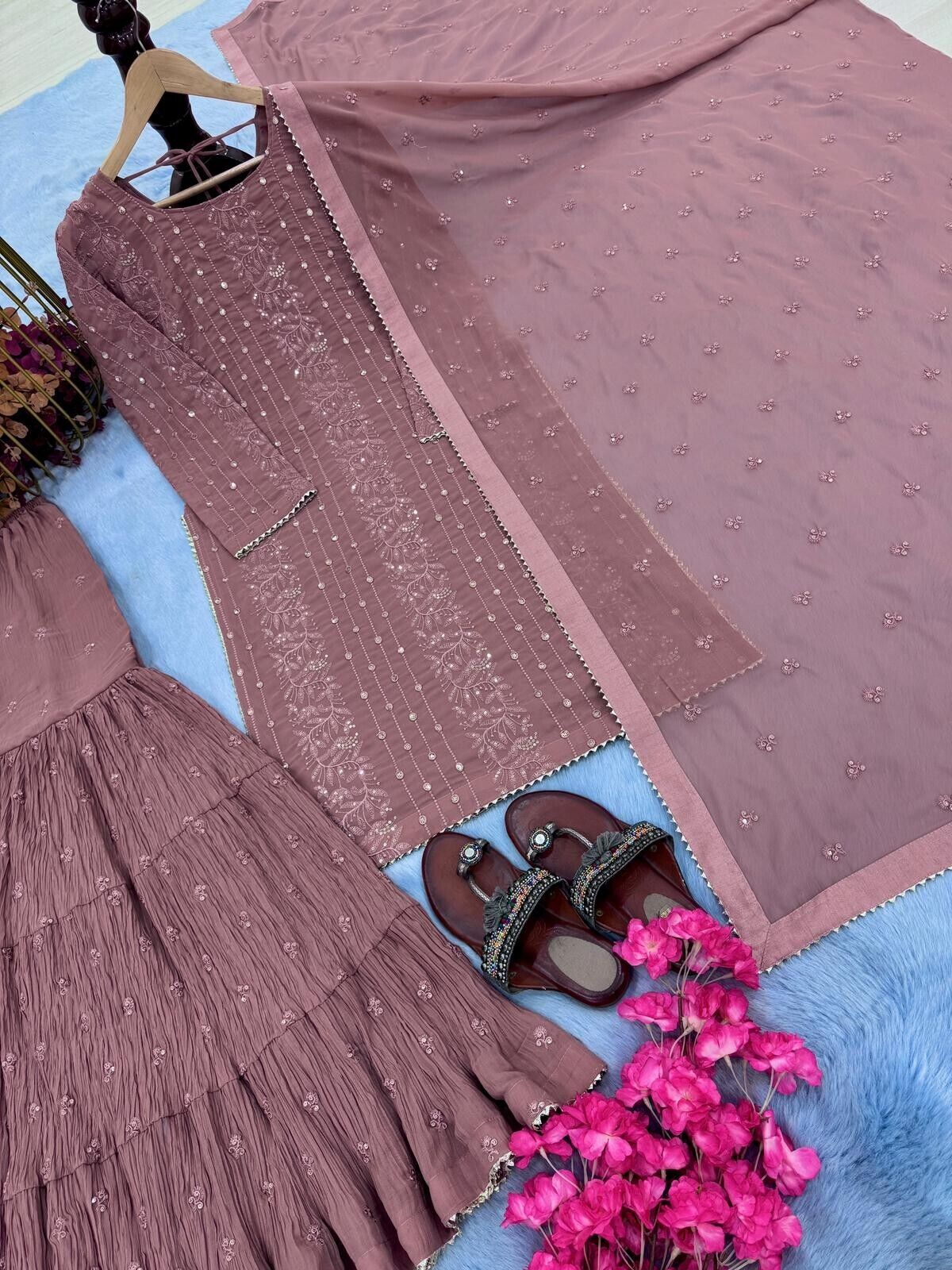 Embroidered Georgette Sharara Palazzo Salwar Kameez Set with Embroidered Dupatta