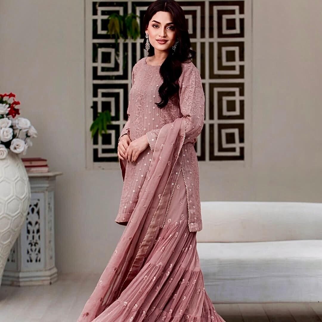 Embroidered Georgette Sharara Palazzo Salwar Kameez Set with Embroidered Dupatta