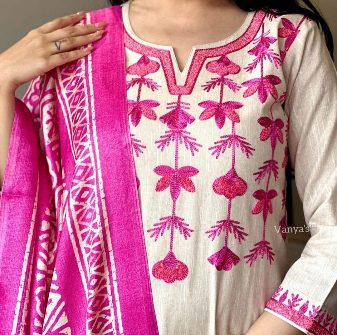 Salwar kameez South Cotton Kurta Set with Khadi Silk Dupatta – Aari Embroiderd