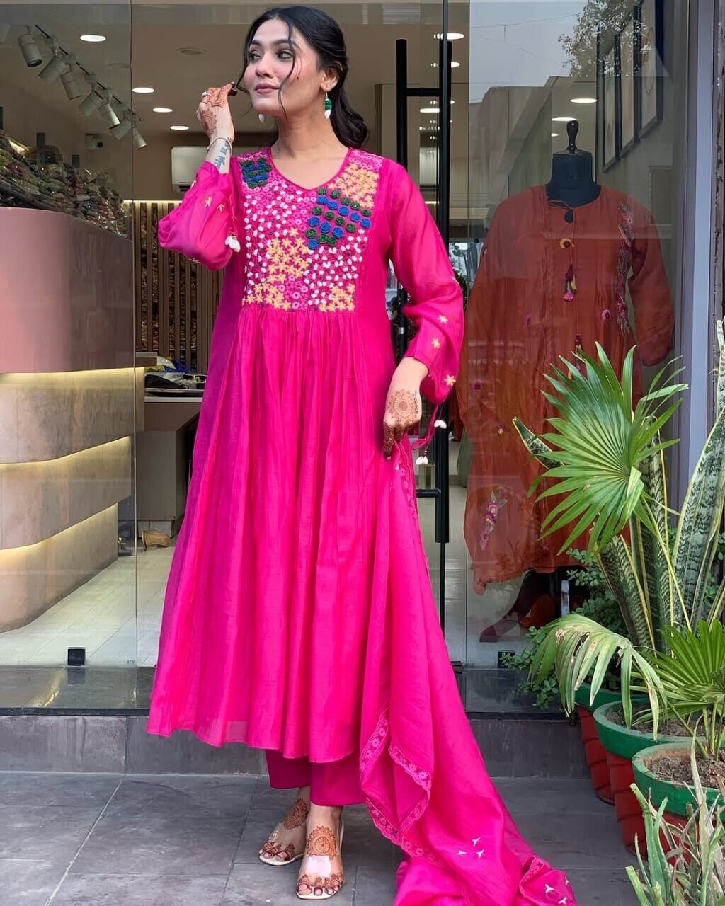 Indian Cotton Pink Embroidered  Anarkali Flared Gown Kurti Dress Tunic Style