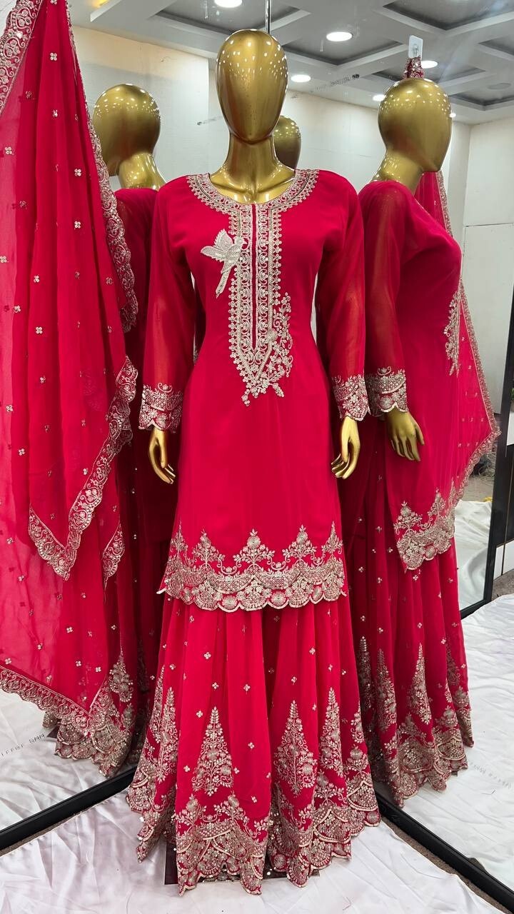 Pink Pakistani Sharara Dress with Embroidered Sequins in Faux Georgette Readymad