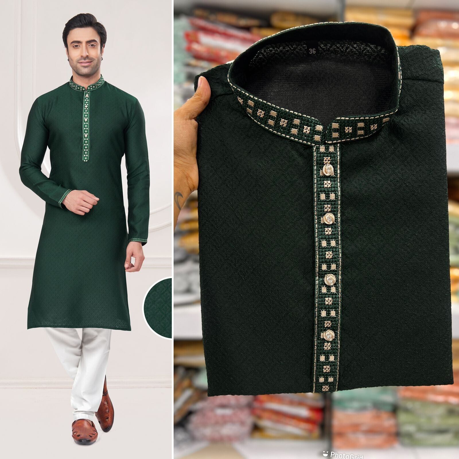 Men's Black Long Silk Kurta Pajama Indian Wedding 2 Piece Set Wedding Kurta