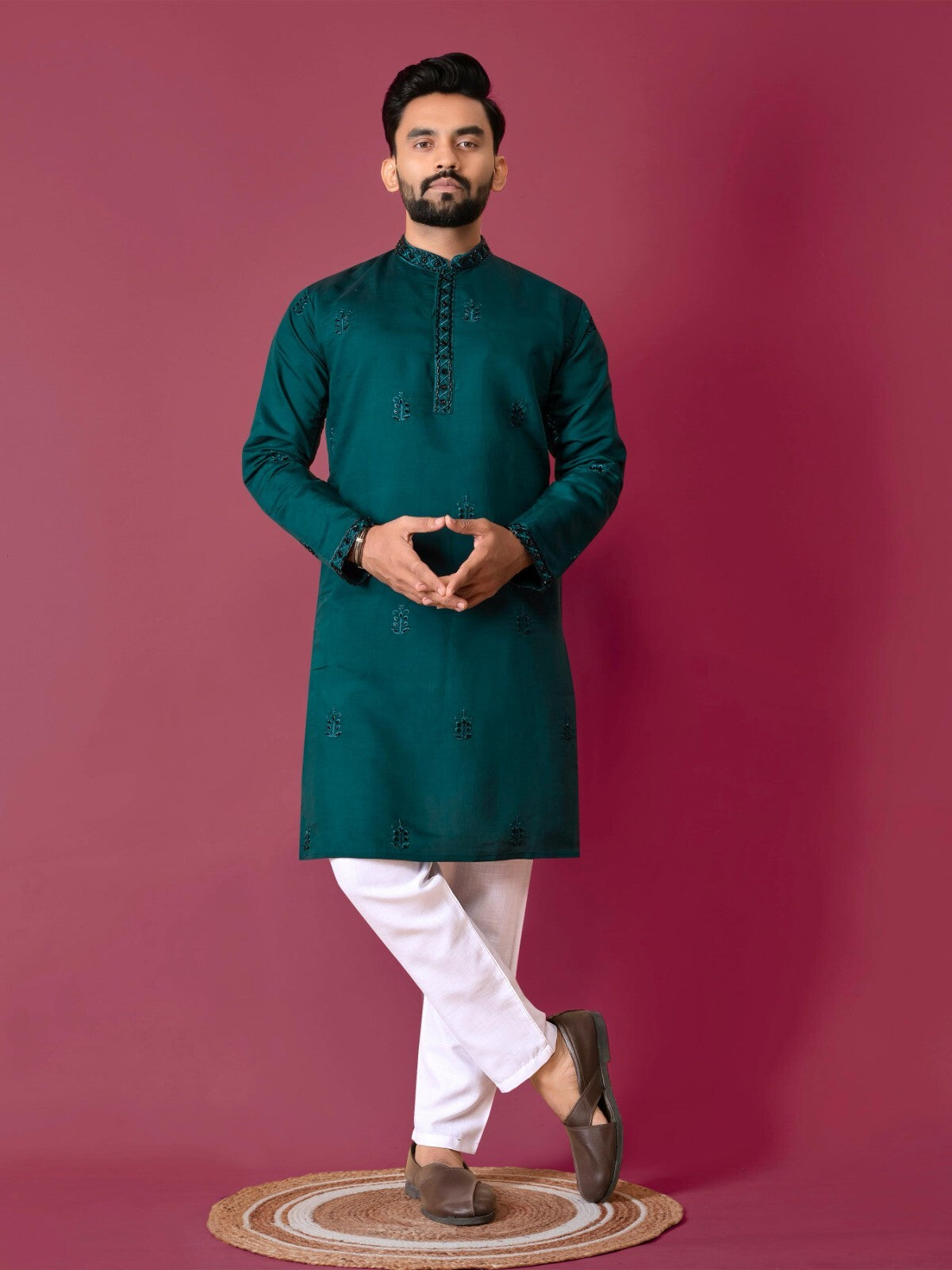 Men's Wedding Kurta with Embroidery & Long Cotton Pajama - Silk Bandhani