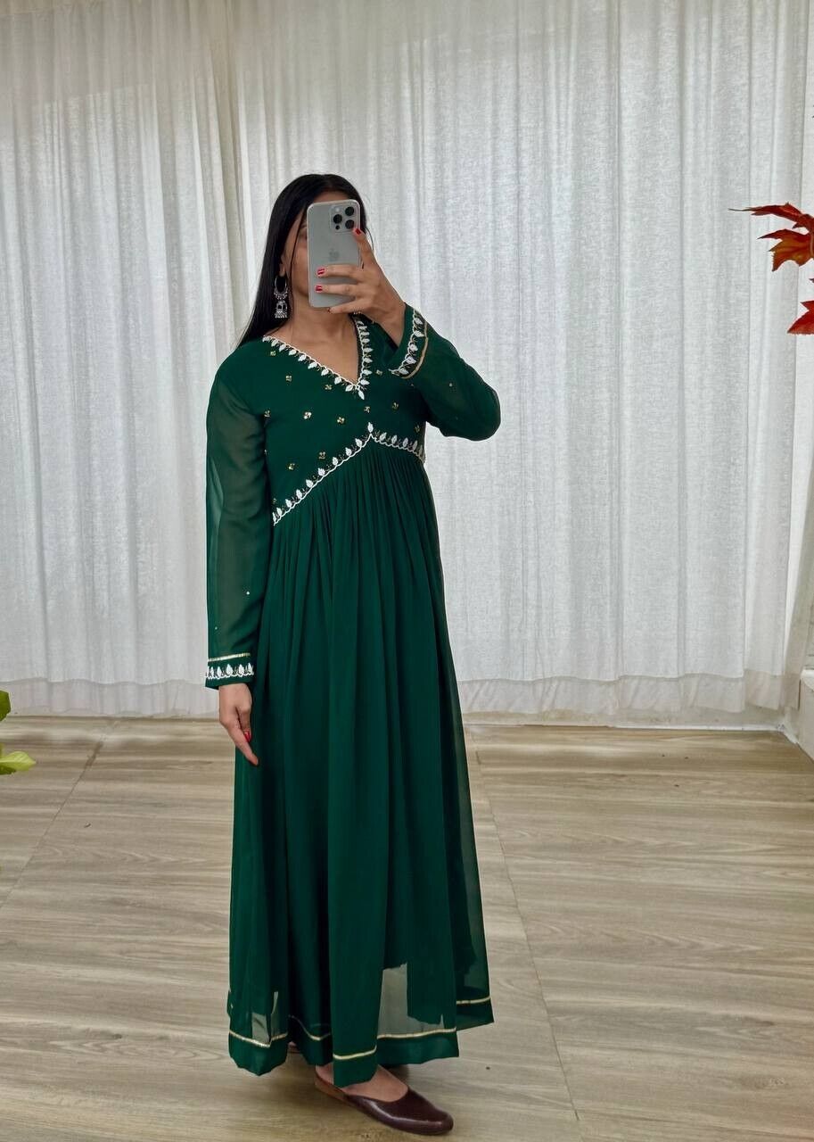 Solid Green Mehendi Outfit Women Indian Pakistani Anarkali Gown Set Georgette