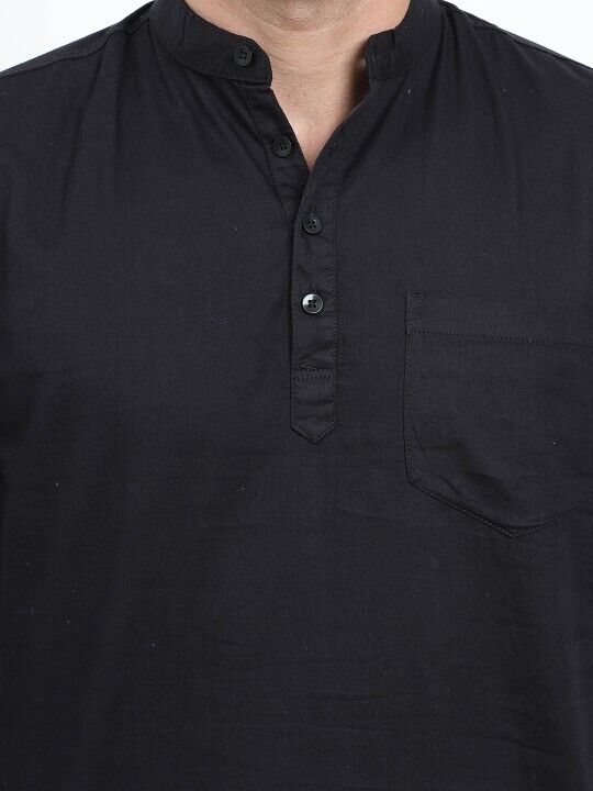 Pakistani Pure Cotton Short Kurta Tunic shirt  Men’s  Solid Black Plus Size S-7X