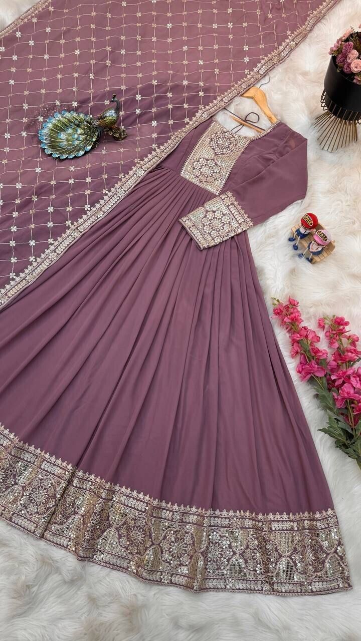 Georgette Embroidered Flared Anarkali Gown Dupatta – Fully Stitched  Ensemble