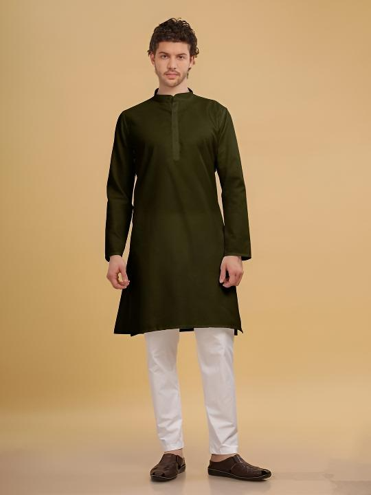 New Men’s Long  Kurta Pajama Party Wear Solid Olive Green Indian S - 7X