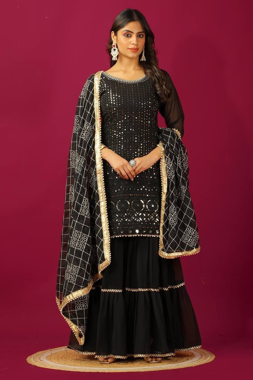 Designer Black Faux Georgette Suit  with Sharara  Readymade Embroidred