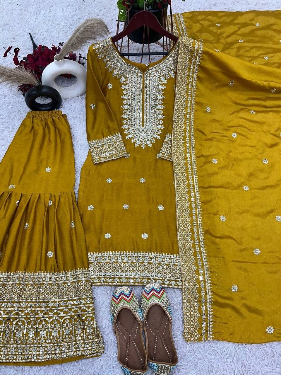 Chinnon Silk Punjabi Sharara Palazzo Salwar Kameez Set with Lace Border Dupatta