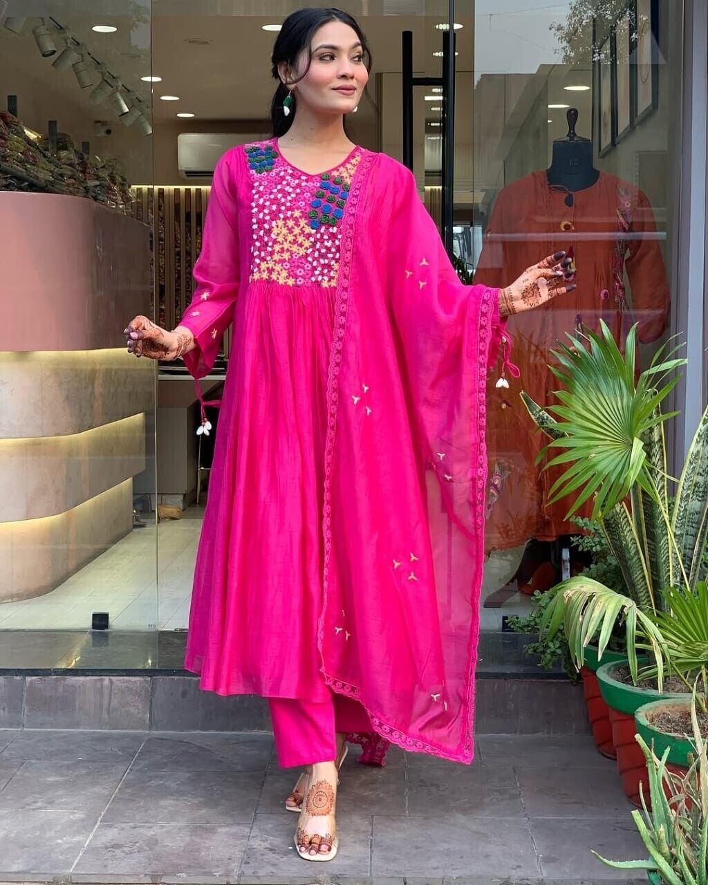 Indian Cotton Pink Embroidered  Anarkali Flared Gown Kurti Dress Tunic Style