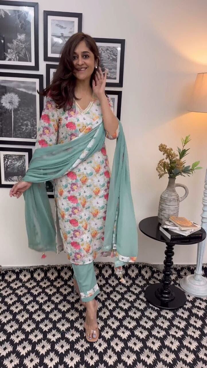 Indian Pakistani Salwar Kameez Set – Silk Kurti, Dupatta & Pant Set Handwork