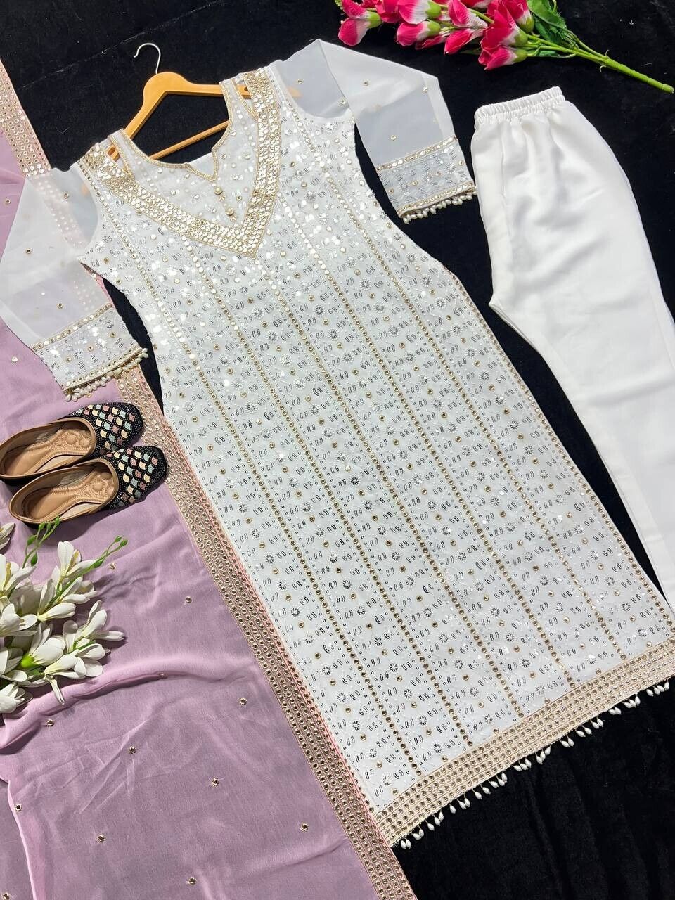 Elegant Pink Embroidered Faux Georgette Salwar Kameez  Set – 3-Piece Ensemble