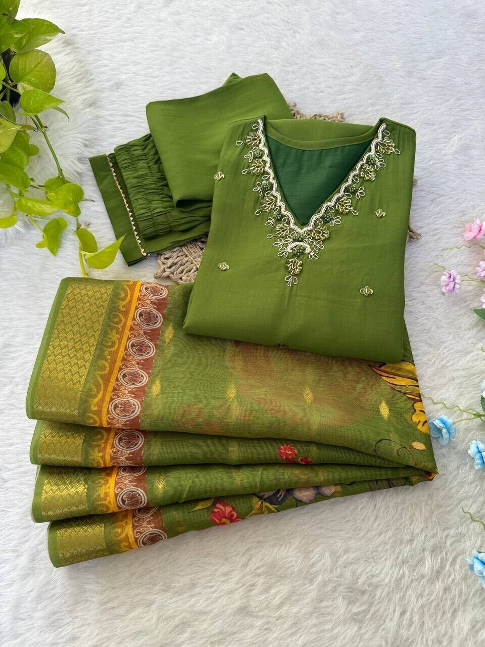 Roman Silk Kurti Pant Dupatta Set – Handwork Detailing Salwar kameez Jacquard
